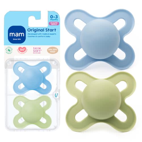 MAM Original Start Baby Pacifiers 0-3 Mths Skin Soft Silicone, 2 Pack | Skin Soft Silicone Nipple, Developed With Medical Experts Specially For Smaller Newborn Mouths, BPA-Free, Made In Europe