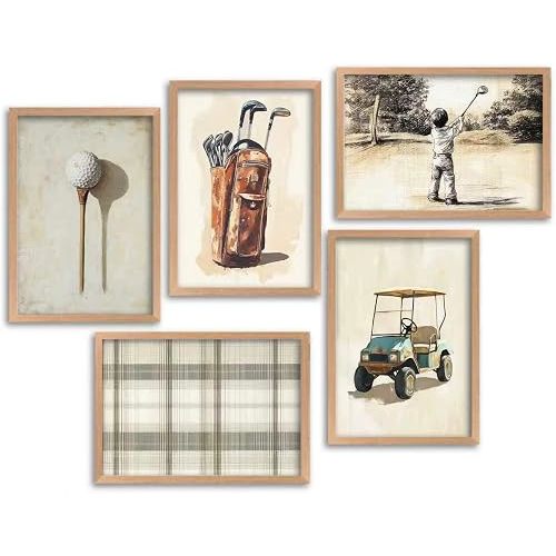 guajunsanh 5Pcs Vintage Golf Wall Art Set, Retro Sports Themed Canvas Print Posters, Sports Wall Decor for Boys Bedroom Kids Room & Sports Theme Nursery Decor, 8x10 Inch Unframed