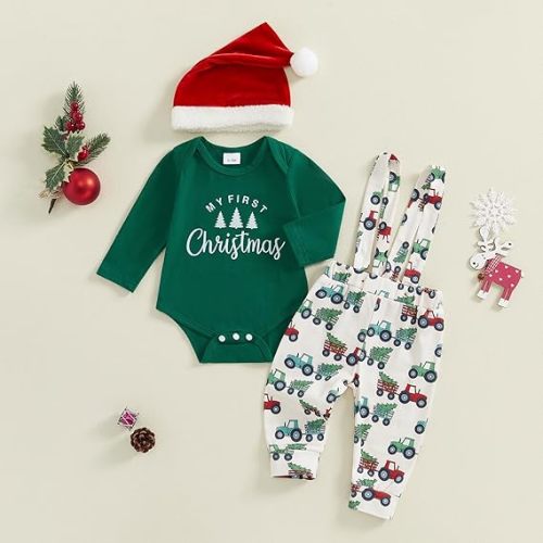 BeQeuewll Newborn Baby Boy Mardi Gras Outfit Letters Print Romper Striped Suspender Pants Overalls 3pcs Carnival Clothes Set