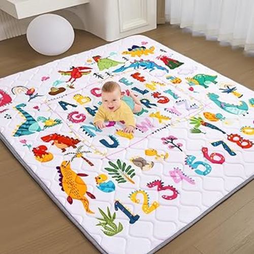 Baby Play Mat - Thicken 71x59 Inch Soft Foam Crawling Mat for Playpen & Floor, Non-Slip Waterproof Playmats for Infants & Toddlers, Portable Foldable & Machine Washable, Dinosaur & Letters
