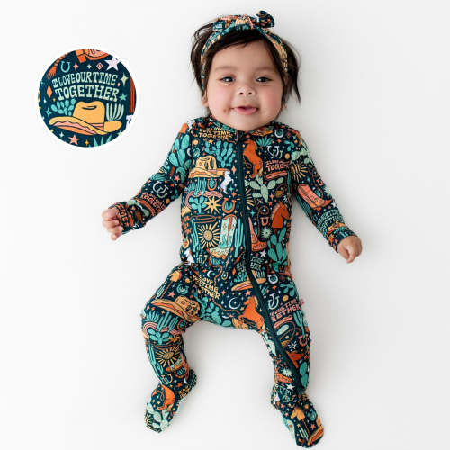 Bamboo Footie Zipper Baby Pajama - Western Cowboy Bamboo Onesie Sleeper - I Love Our Time Together Affirmation – Raising Mama