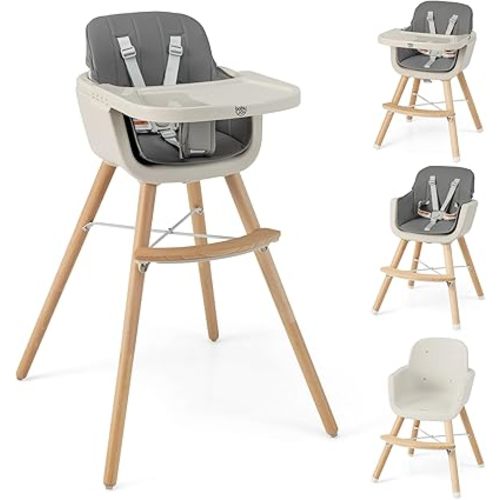 BABY JOY Baby High Chair, 3-in-1 Convertible Wooden Highchair for Babies & Toddlers, Infant Feeding Chair w/ 5-Point Safety Harness, Footrest, Adjustable Legs, Removable Tray & PU Cushion (Dark Gray)