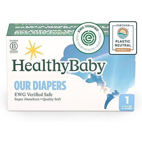 HealthyBaby Our Diapers | EWG Verified Safe & Plant-Based Diapers | Leak Protection | Soft Organic Cotton Shell | Chlorine-Free Diaper for Sensitive Skin | Size 1 (7-14lbs) 70 Count