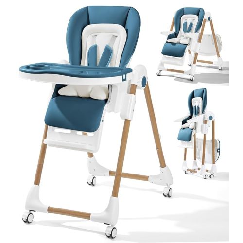 Foldable High Chairs for Babies and Toddlers, 3-in-1 Convertible Baby High Chair with Removable Soft Cushion and Tray, Adjustable Height & Recline, Lockable Wheels, Dark Blue