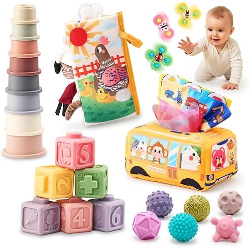 JoyCat Baby Toys 6-12 Months, Montessori Sensory Baby Toy Set with Stacking Cups, Soft Blocks, Tissue Box Toy, Spinner Toys, Sensory Balls, Cloth Book, Infant Learning Toys, Baby Shower Gift