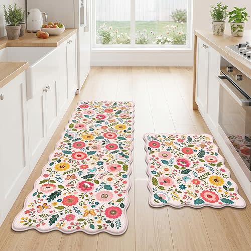 Anti Fatigue Kitchen Mats Set of 2, Pink Floral Scalloped Rug