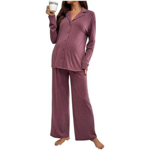 MakeMeChic Women's Maternity Pajama Set Button Down Shirt Top Pants 2 Piece Loungewear
