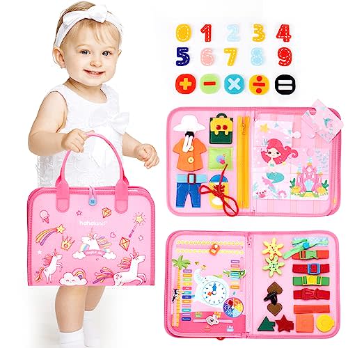 hahaland Busy Board for Toddlers Boys Girls Montessori Toys for 3+ Year Old Preschool Educational Learning Activities Toddler Travel Toys for Ages 3 4 5 with Life Skill Number Color Weather
