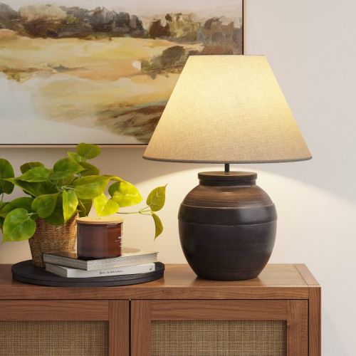 21.25"x17" Large Ceramic Table Lamp Black - Threshold™: Embossed Detail, No Assembly Required