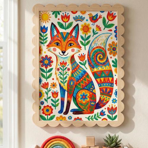 Fox Wall Art Print, Scandi Folk Art Poster, Woodland Nursery Decor, Cute Animal Illustration, Orange Kids Room Decor, Forest Theme Gift