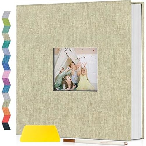 Popotop Photo Album Self Adhesive with Picture Display Window,40 Pages DIY Scrapbook Album for 4x6 10x12 Picture,Linen Cover Memory Book for Baby Wedding, with Scraper and Metallic Pen