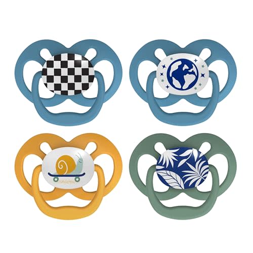 Dr. Brown's Advantage Glow-in-The-Dark Baby Pacifier, Fully Symmetrical Soother with Soft Silicone Bulb, Skateboard Snail-Blue Nature, 6-18m, BPA Free, 4 Pack