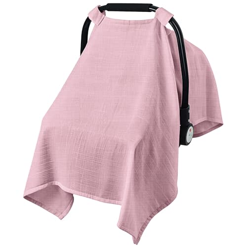 Baby Car Seat Cover, 100% Muslin Carseat Cover, Universal Carseat Covers Baby Girl, Infant Car Seat Cover for Sun, Bug, and Comfort Protection (Pink)