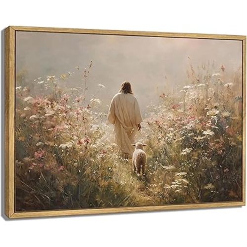 VONFRAENIT Jesus Leaves the 99 Sheep Canvas Wall Art The Lost Sheep Bible Stories Wall Decor Pictures Christian Wildflowers Painting for Bedroom Prayer Room Church Home Decoration