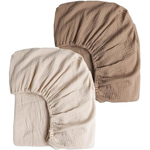 Konssy Muslin Crib Sheets for Girl Boy, 2 PCS Soft and Breathable Cotton Baby Sheets for Standard Crib Mattress, 52"x 28" (Brown, Cream)