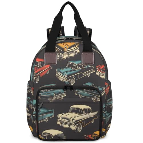 Racing Car Vintage Diaper Bag Backpack Essentials Travel Tote Bag Waterproof Backpacks for Women Men with Charging Port, Insulated Bottle Holders