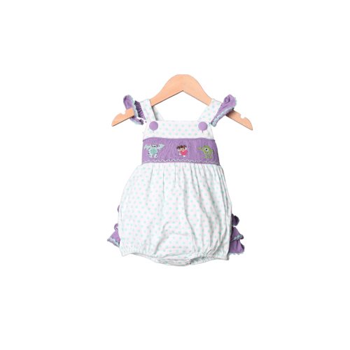 Smocked Monsters Mint and Lavender Ruffle Bubble
