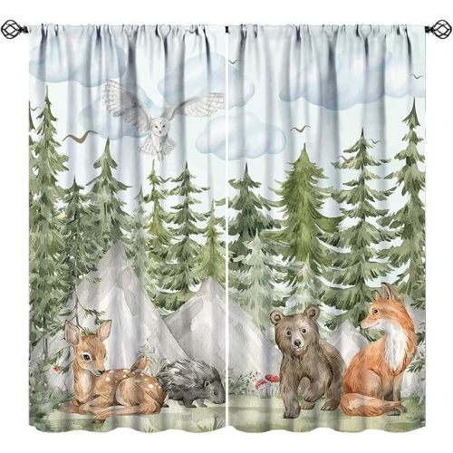 Forest Woodland Blackout Curtains for Kids，Retro Wildlife Animal Tree Cute Cartoon Bear Cabin Pattern Drapes Window 2 Panel Rod Pocket Curtain for Girls Boys Baby Bedroom Nursery Decor 27.5"W X 63"L
