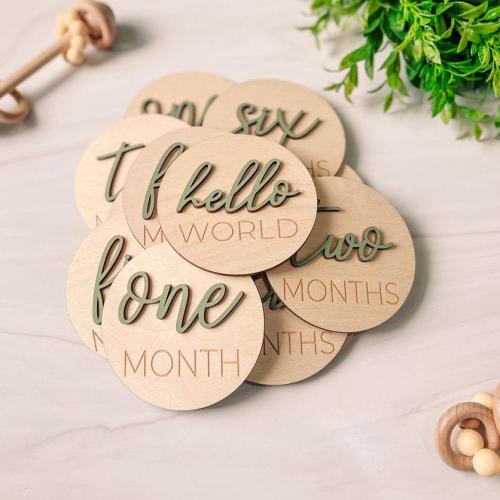 3D Wooden Monthly Milestone Discs With Sage Letters For Baby Photos | Monthly Milestone Marker | Milestone Cards