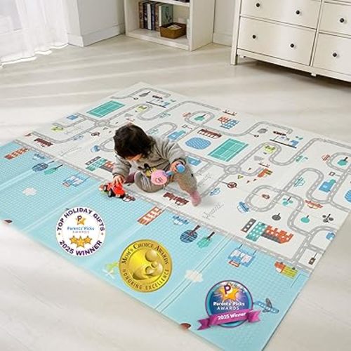 Bammax Extra Large 78" x 70" x 0.4" XPE Foam Baby Play Mat with Travel Bag | Anti-Slip, Waterproof, Foldable & Reversible Padded Playmat | Baby Crawling & Kids Play Mat – Giftable Design, Cars & Fire Engine