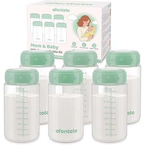 6PCS Breastmilk Storage Bottle Compatible with Momcozy Breast Milk Cooler 22oz, Storage Collection Bottle for Fridge, Wide-Neck Baby Bottles for Pumping Fit Spectra/Motif Luna Flange, 9.5oz, Green