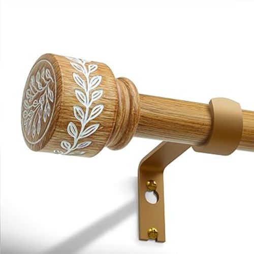 QDWIS Imitation Natural Wood Grain Curtain Rods for Windows 28 to 48 inch 1" Modern Adjustable Heavy Duty Curtain Rod Boho Decorative Drapery Rods Set for Living Room Bedroom Rustic Outdoor