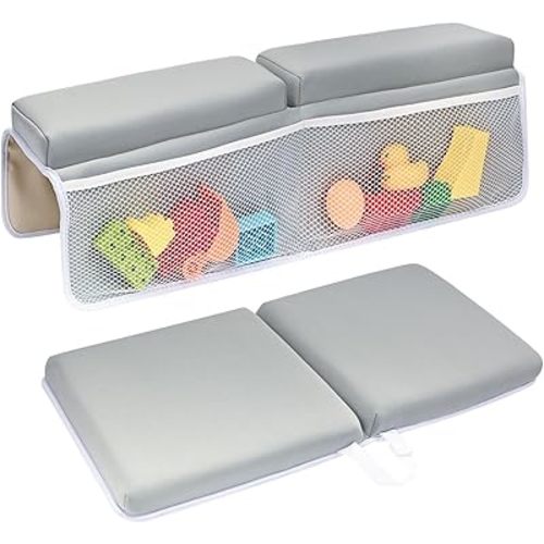 Baby Bath Kneeler and Elbow Rest Pad Set - 26'' Extra Long and 2.4'' Thick, Quick Dry Kneeling Pad for Bathing Baby with Knee & Arm Support, Foldable Non-Slip Bathtub Mat with Toys Organizer