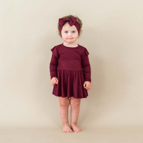 Long Sleeve Twirl Bodysuit Dress in Burgundy, 3-6M