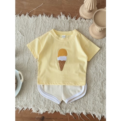 12-18mth New Summer Baby Set, Sweet Ice Cream Patch Bright Yellow Comfortable Short Sleeve + Sports Shorts, Casual Clothes for Youngsters, Without Shoes, Hats, etc. Accessorie, for Outdoor, Perfect for Outdoor