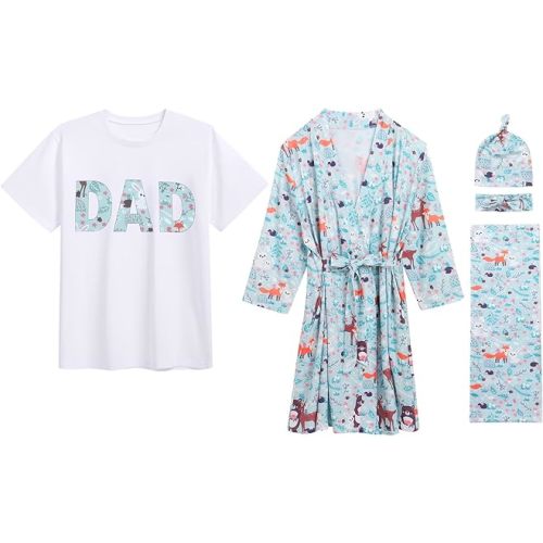 AWIBMK Mom and Me Robe and Swaddle Set and T-Shirt Hospital Labor Delivery Swaddling with Headband Hat for Mom Dad Baby