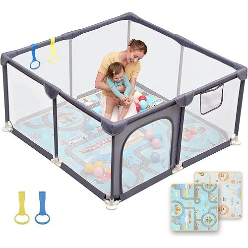 Dripex Corralito para bebés con alfombra, corralito de 47 x 47 pulgadas para niños pequeños de 1 a 3 años, malla visible suave y transpirable, patio de juegos portátil para interiores y exteriores con