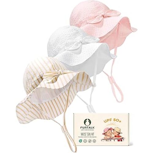 FURTALK 3 Pack Baby Sun Hat Toddler Beach Hat Girls UPF 50+ Wide Brim Infant Kids Summer Adjustable Sun Protection