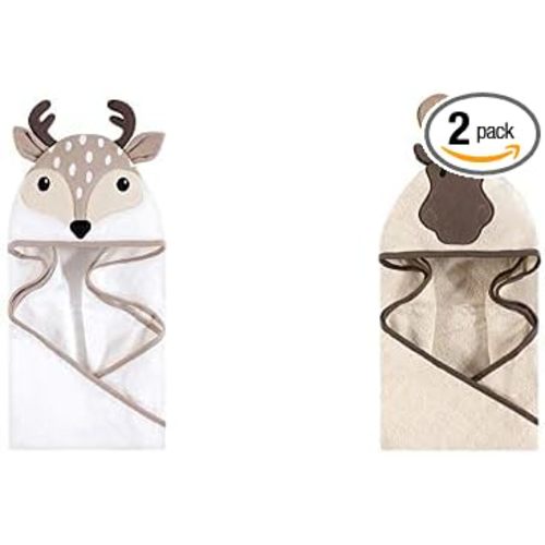 Hudson Baby Girl Cotton Animal Face Hooded Towel 2-Pack, Little Fawn Modern Moose