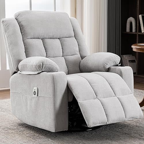 Ketaiyou Silla reclinable giratoria eléctrica para adultos con masaje y calor, puertos USB y tipo C, posición infinita, sillón reclinable eléctrico para sala de estar (gris claro)
