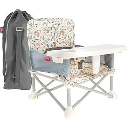 Nuby Pop-Up Booster Seat with Removable Tray - 6+ Months - Portable Booster Seat for Floor for Indoor/Outdoor Use - 3-Point Safety Adjustable Straps - Summer Travel Essentials - Safari