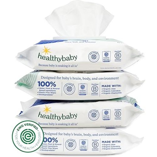 HealthyBaby Our Wet Wipes | EWG Verified Safe | 100% Water & Plant Based | Unscented & Safe for Sensitive Skin | Fragrance Free and Totally Chlorine Free (4 packs, 256 wipes)