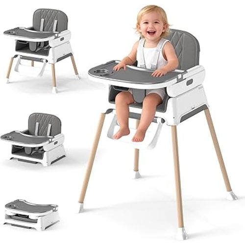 4 in 1 Baby High Chair for Babies and Toddlers, Foldable & Portable Convertible Booster Seat, Adjustable Tray & Footrest, Lightweight, Stable, Easy to Clean, Grey