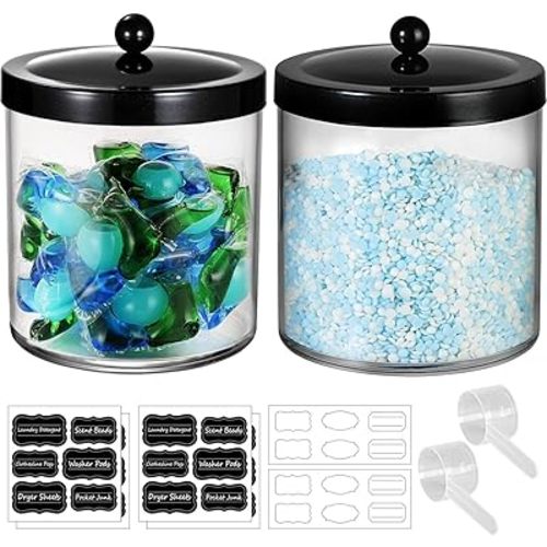 2 Pack 50 Oz Large Plastic Apothecary Jar with Black Stainless Steel Lid - Shatterproof Laundry Pods Container - Modern Industrial Bathroom & Kitchen Storage Organizer for Scent Beads, Bath Bombs