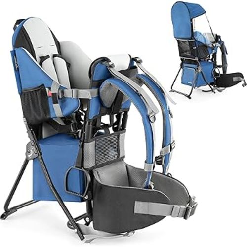 besrey Baby Backpack Carrier, Toddler Hiking Backpack with Safety 3-Height Seat, Adjustable Straps&Waist Belt, Foldable Frame Lightweight Large Capacity Child Carrier for Hiking (Klevin Blue)