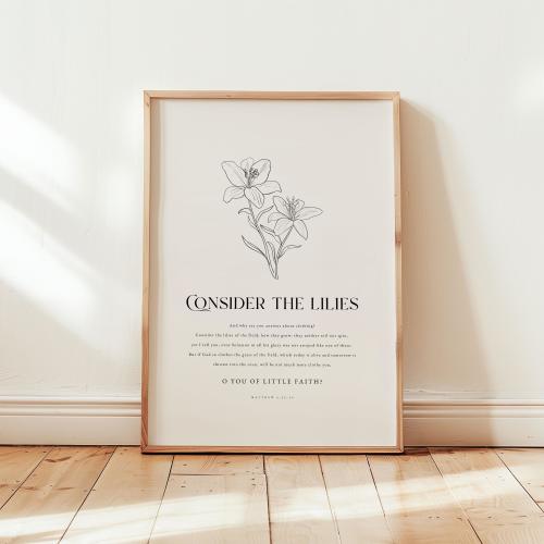 Matthew 6:28-30, Consider the Lilies, Bible Verse Printable Wall Art, Vintage Christian Printable Scripture Print Vintage Christian Wall Art