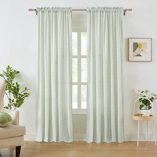 ZJDECOR Sage Green White Buffalo Plaid Curtains 84 Inches Long,Crinkled Not-See-Through Sheer Rod Pocket Drapes,Rustic Window Treatment for Nursery Living Room,Tiebacks Included,52" Wx84 L(Pack of 2)