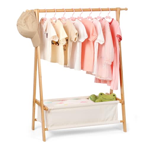 Kids Clothing Rack with Storage, Dress Up Rack, Child ClothesRack, Small Garment, for Costume, Bamboo (Natural Color)
