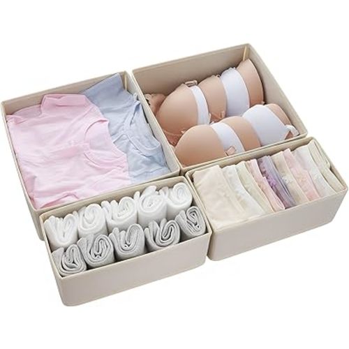 Drawer Organizer Set 4 Pack - Fabric Storage Bins for Underwear Socks Bras Baby Clothes - Closet Dresser Organizers Dividers for Bedroom Nursery, Beige