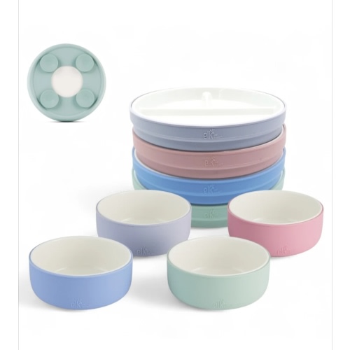Kids Porcelain Mealtime Bundle | Suction Sleeves | 6.7" Plates + Bowls | 8 Pcs | Blush/Lilac/Sage/Misty Blue
