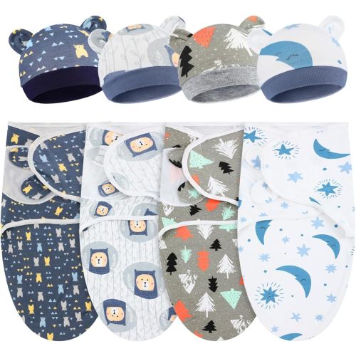 4 Pack Preemie Swaddle Blanket Wrap Set with Hat for Baby Boys Girls 3-7 Lbs Preemie Newborn Clothes Sleepers Cap