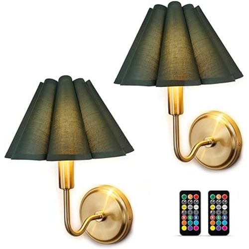 Gold Wireless Sconces Set of 2 with Linen Scalloped Shade, Battery Operated Wall Sconces with Remote and Dimmable Bulb, Luxury Rechargable Wall Lights for Bedroom Livingroom Bathroom (Green Linen)
