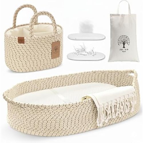 Baby Changing Basket Includes Diaper Caddy - Soft & Waterproof Dual-Cover, Portable, Changing Pad for Dresser & Changing Table, Gift for Baby Shower, Organic Cotton Rope