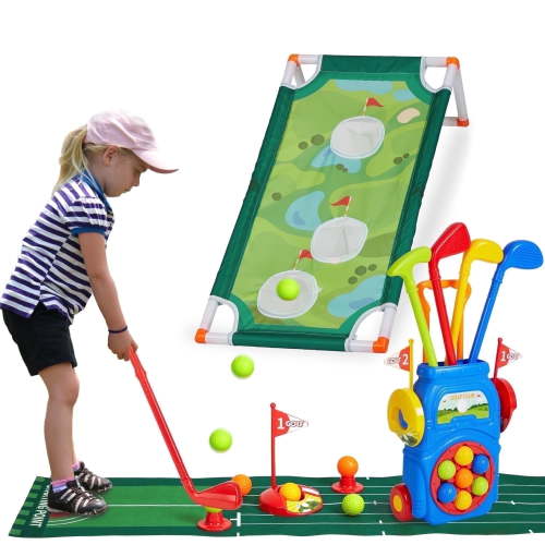 Anpro 2 in 1 Golf Toy Set for Kids, Toddler Golf Clubs Set with 10 Balls, Cornhole Board & Putting Mat, Golf Game Indoor Outdoor Sport Toys for Boys Girls 3+