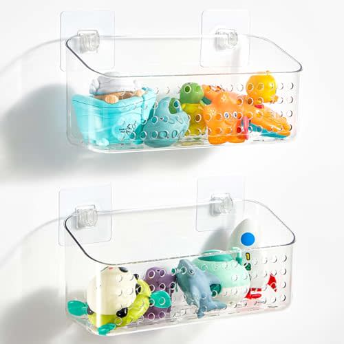 Bath Toy Storage 2 Packs, Large Bath Toy Holder, Quick Dry Bathtub Toys Organizer, Shower Caddy Shower Organizer for Bathroom Storage, No Drill Shelves Basket, Drainable, Clear White