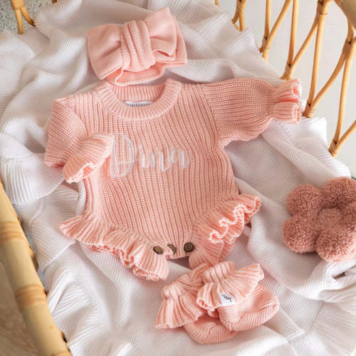 Chunky Knit Ruffle Romper - Blush Pink